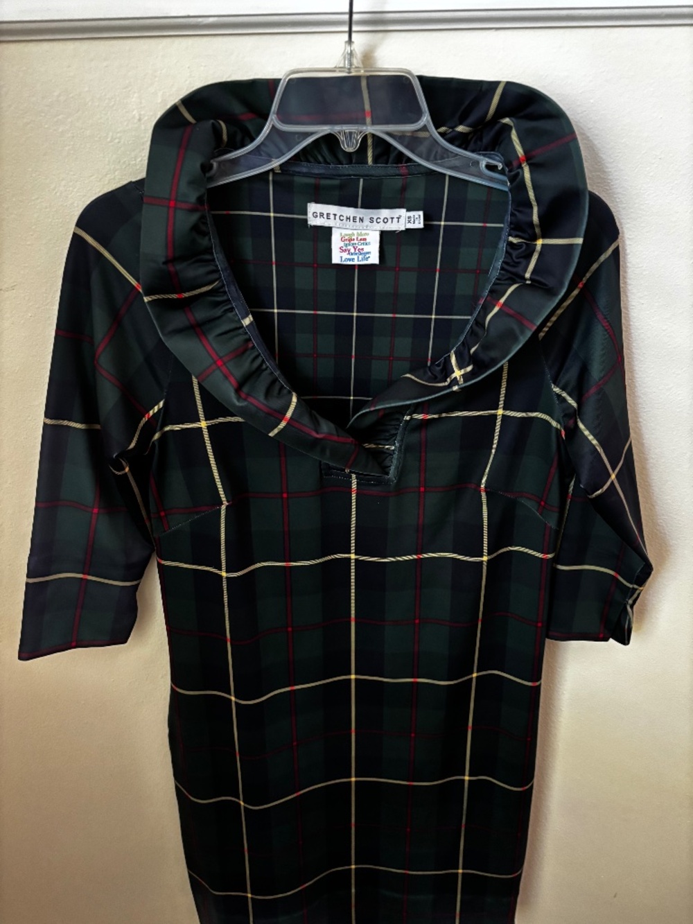 Gretchen Scott Green plaid ruffle collar shift dress xs